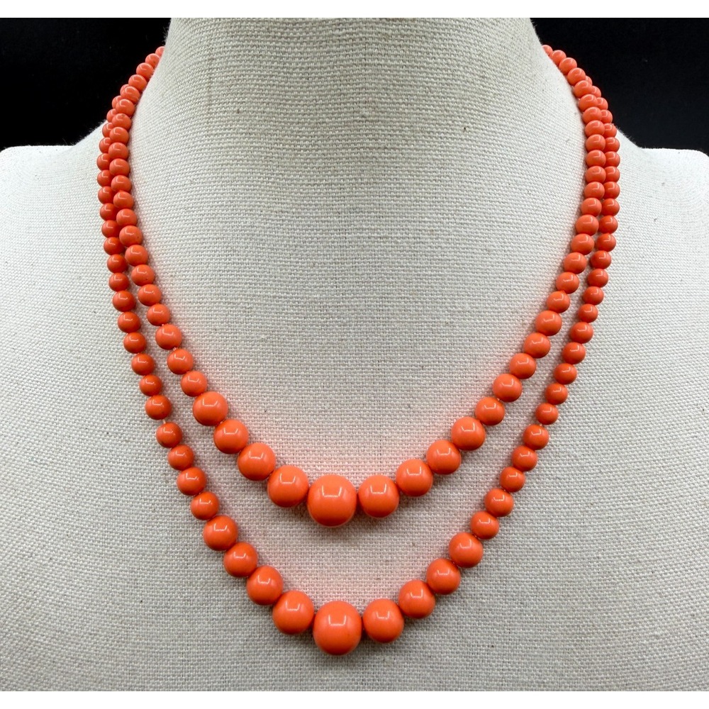 Orange Graduated Bead Double Strand Necklace Rhinestone Floral Clasp Statement
